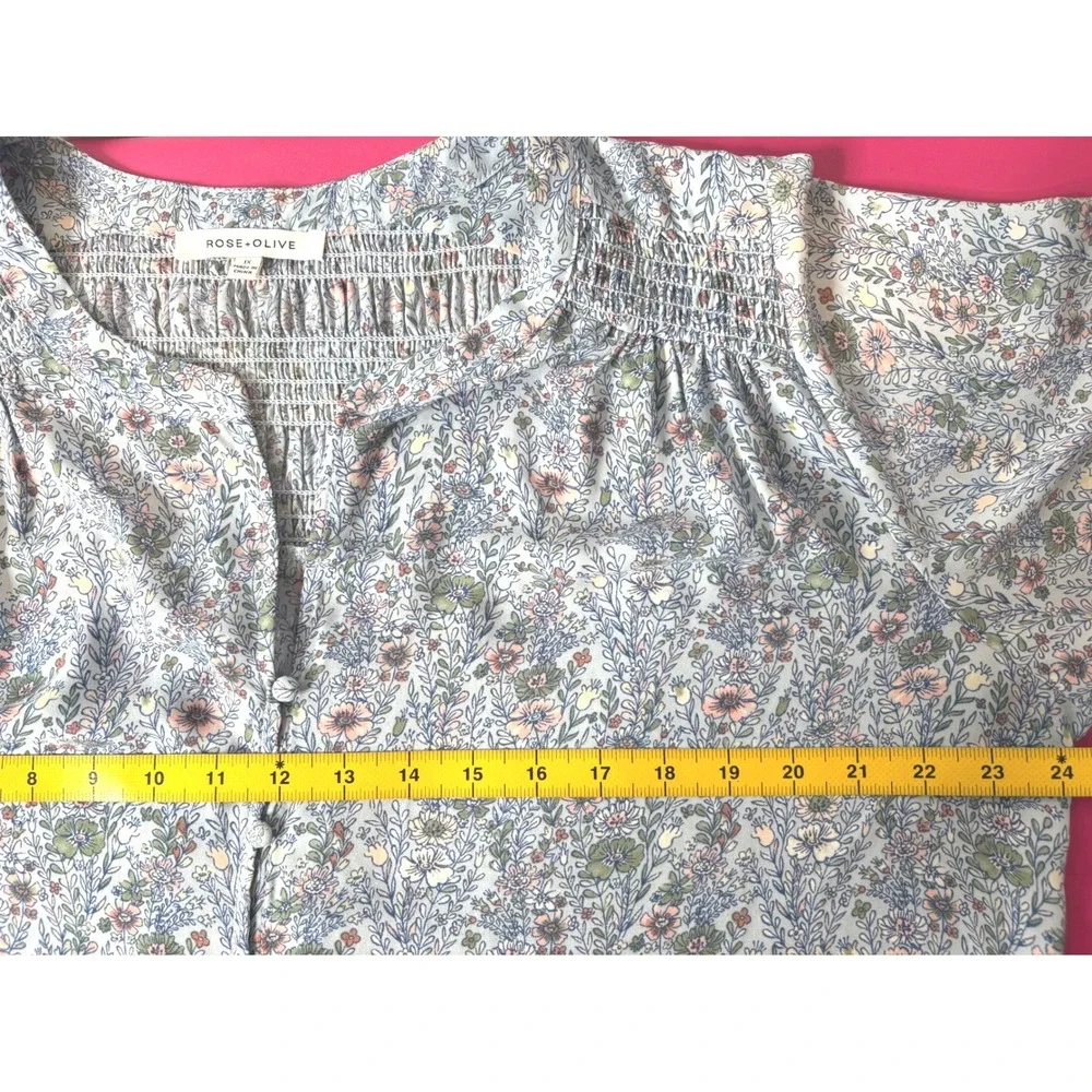 ROSE + OLIVE Blue Floral Smocked Button Front Blouse 1X Flowy Cottagecore Boho